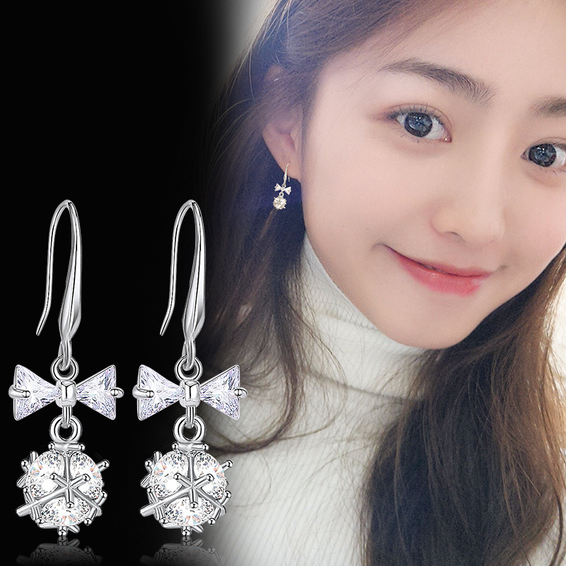 曼休妮时尚清新风领结蝴蝶结耳钩款球球耳环立体造型闪亮钻球耳环