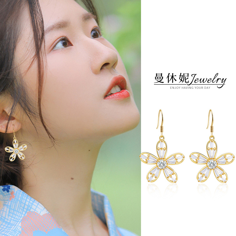时尚闪亮五瓣花朵耳勾耳环韩国气质人造人工锆石精美五叶花瓣耳饰