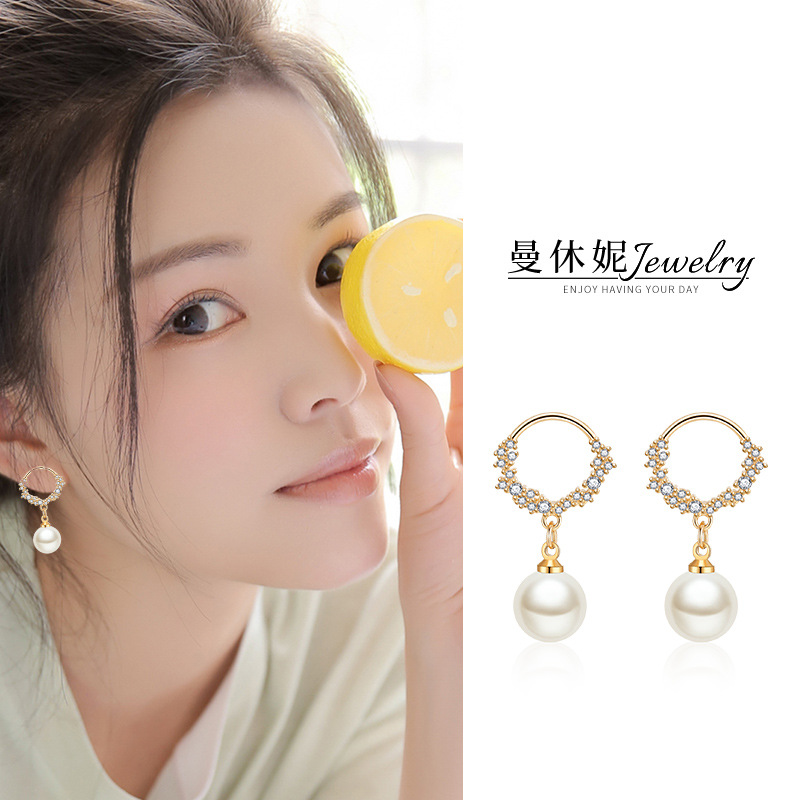 时尚精致圆圈人造珍珠耳钉镶嵌闪亮人工锆石圆圈圆环耳饰气质耳圈
