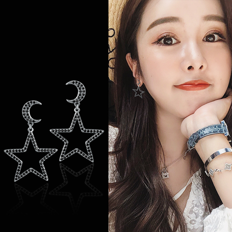 曼休妮925银针星星月亮耳钉女韩国气质个性黑色五角星月星星耳钉
