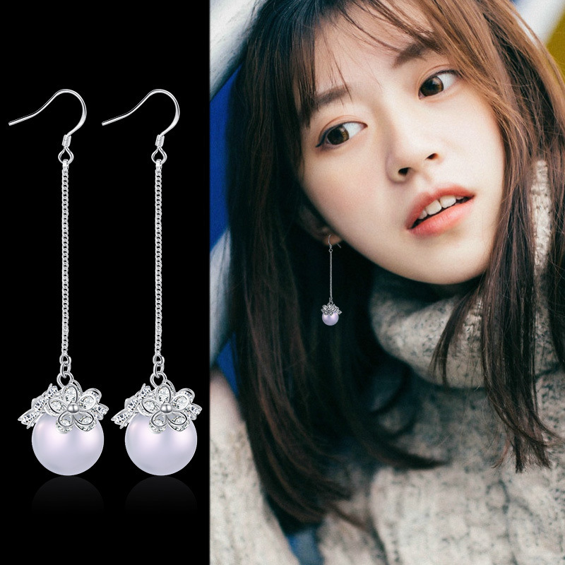 日韩小清新耳钩花朵珍珠长款弯勾耳环韩版气质甜美小花瓣长耳坠女