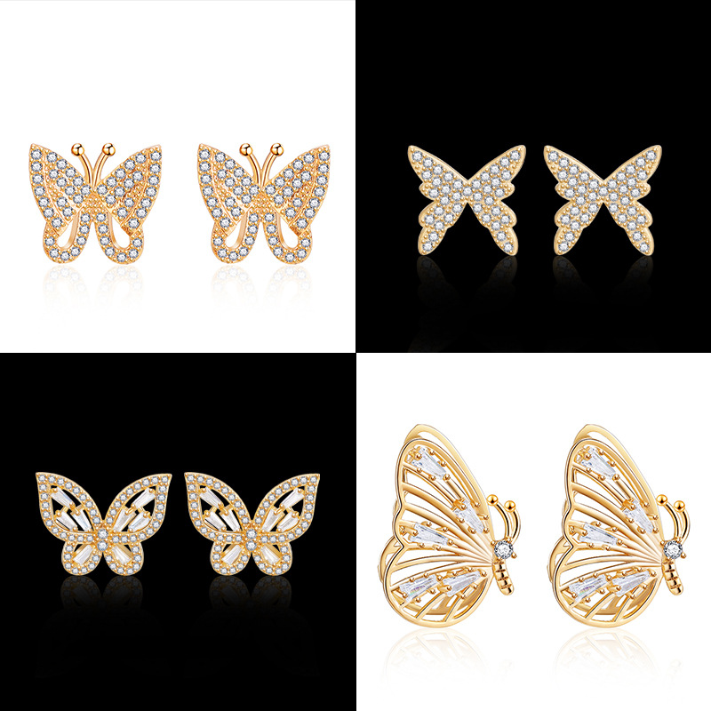 925银针气质人工锆石耳钉韩版简约蜡镶蝴蝶耳坠银饰品厂家直销925