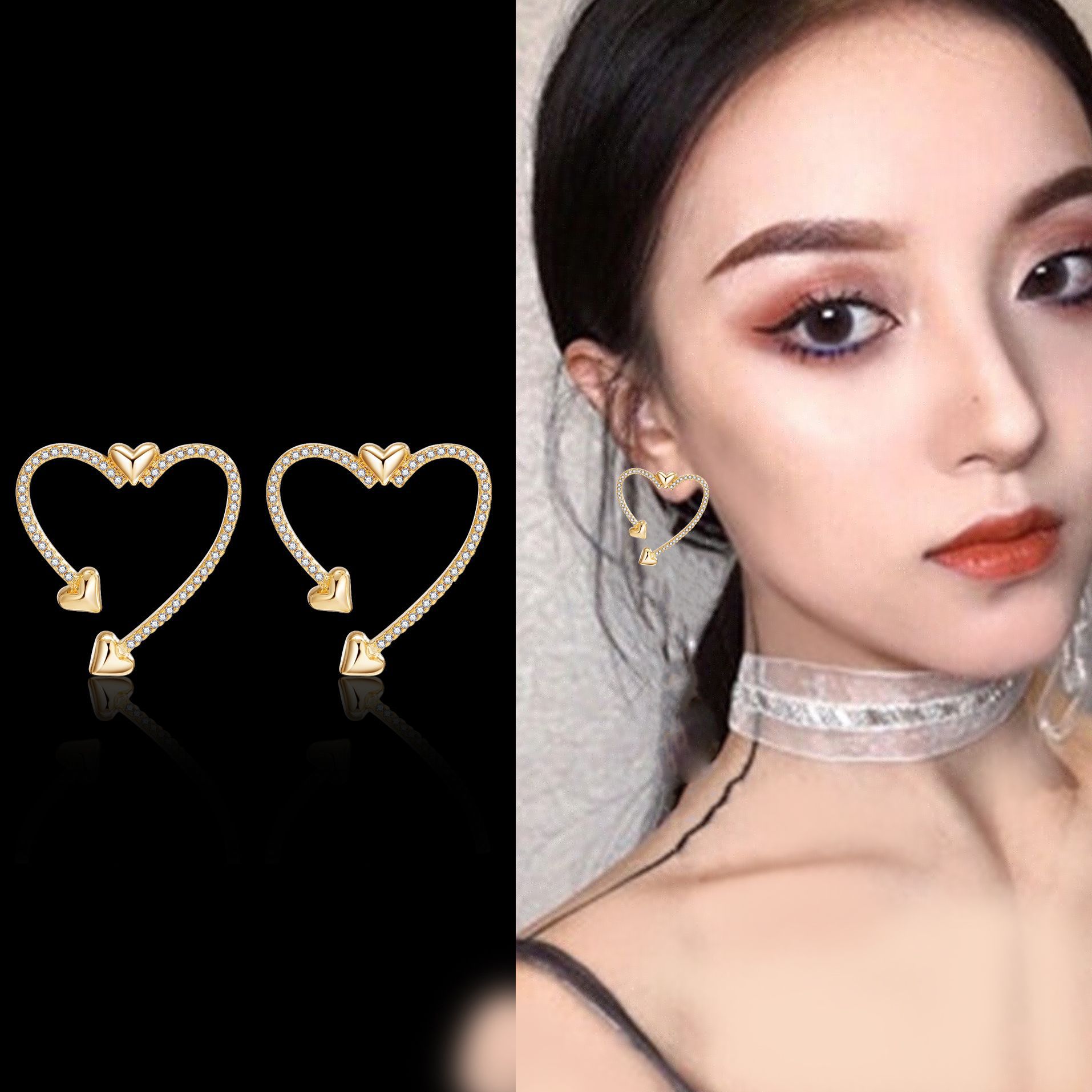 925银针心心人工锆石耳钉日韩国简约耳坠蜡镶耳环厂家直销批发925