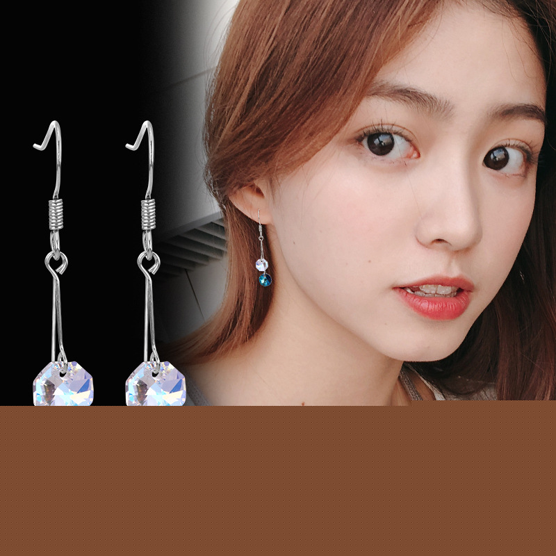 曼休妮S925纯银钩防过敏奥地利进口人造水晶长款耳环简约气质耳坠