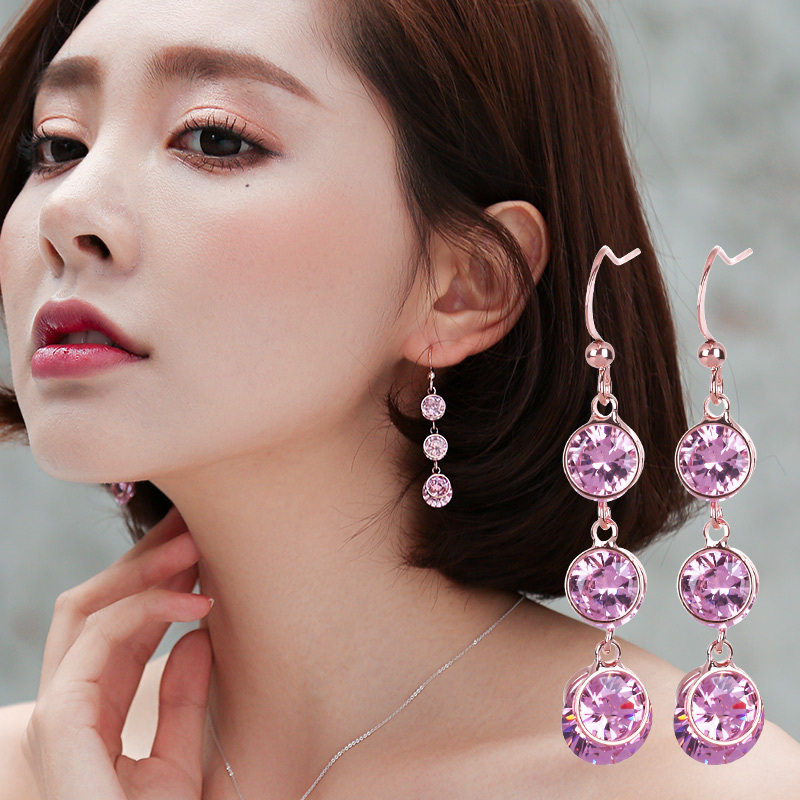 925耳钩玫瑰金色粉红少女耳环长款流苏水晶显瘦脸圈圈耳坠耳饰