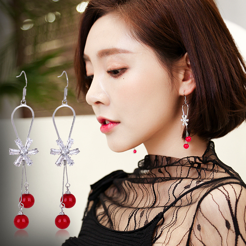 太阳花长款珍珠耳环水滴红色花朵耳坠小清晰气质百搭红色长款耳饰