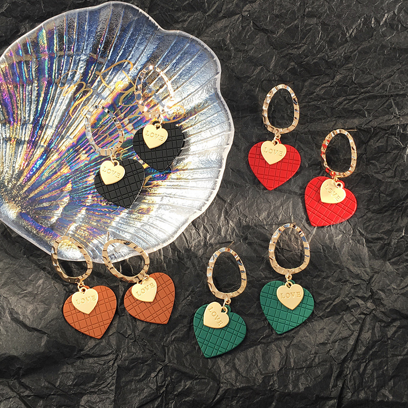 S925银针红色桃心耳坠夸张心形耳环百搭时尚个性女网红耳饰品批发