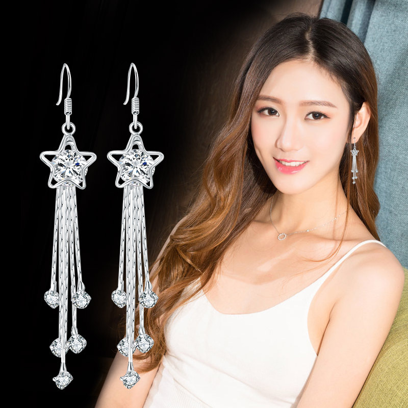 流苏银色耳环女韩国气质长款简约流苏防过敏耳坠水晶耳坠舞台耳环