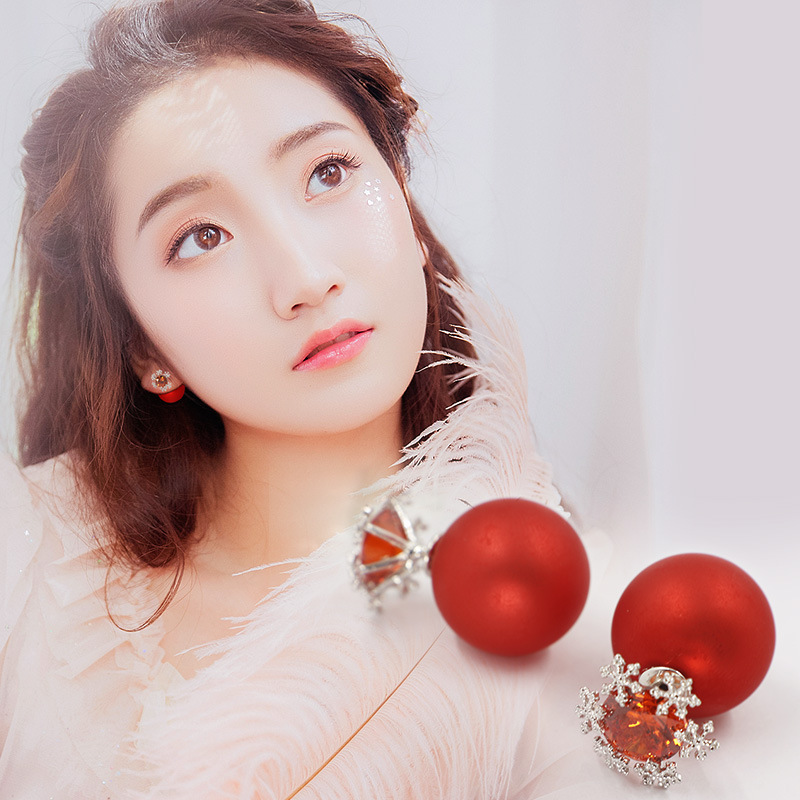 花朵耳环女气质韩国个性简约红珍珠锆石耳钉超仙网红双面925纯银