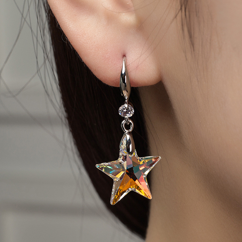 曼休妮时尚耳饰品女五角星水晶耳环日韩气质耳勾款耳环中长款耳坠