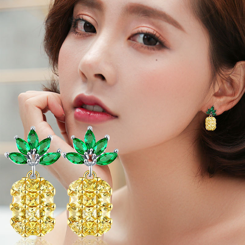 创意个性水果菠萝耳钉女可爱夏季甜美耳饰品925银耳环气质防过敏