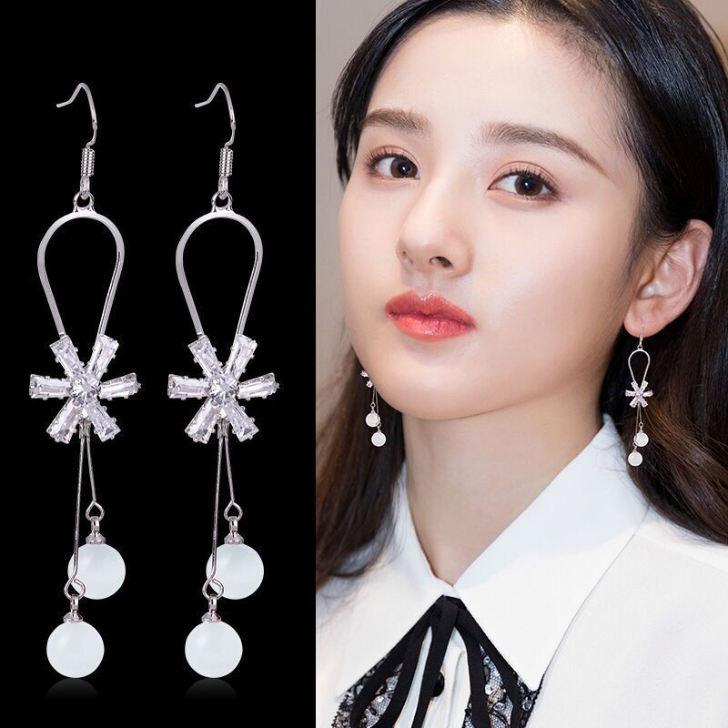 珍珠耳环女长款气质韩国925银耳钉花型简约百搭耳坠吊个性防过敏