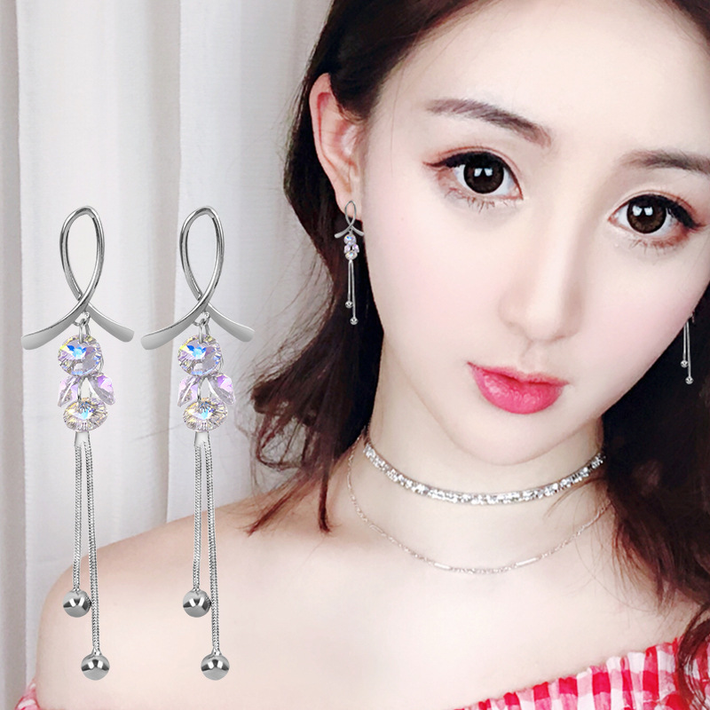 曼休妮S925银针气质流苏进口水晶百搭耳线长款耳环靓丽夸张酷耳坠