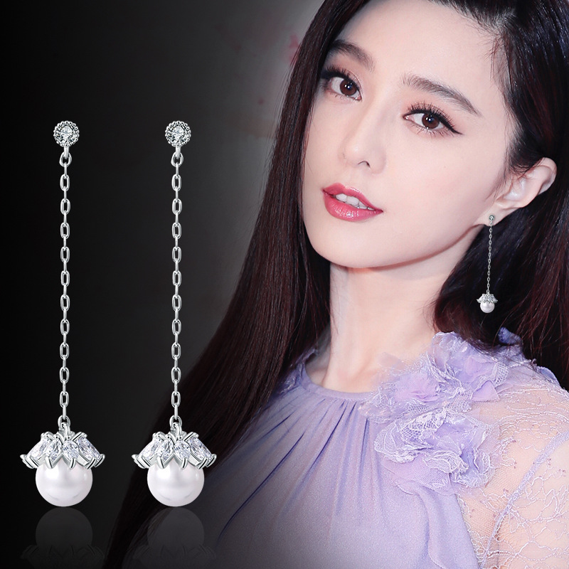 S925纯银耳线女长款耳环气质韩国简约镶钻珍珠耳钉个性百搭防过敏