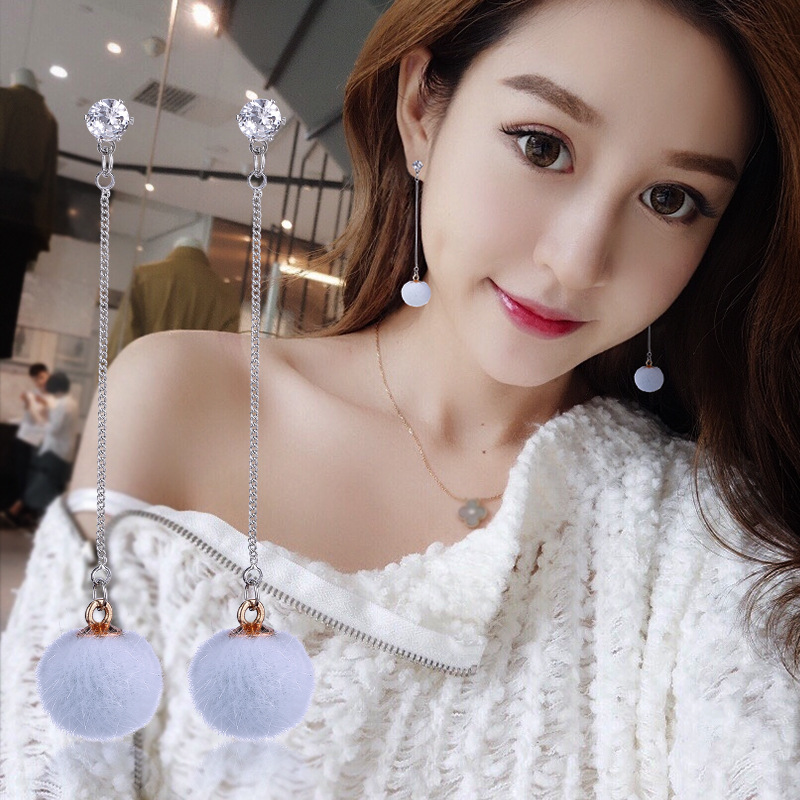 耳环韩国气质长款吊坠耳钉毛绒毛球耳坠女气质日韩国简约厂家直销