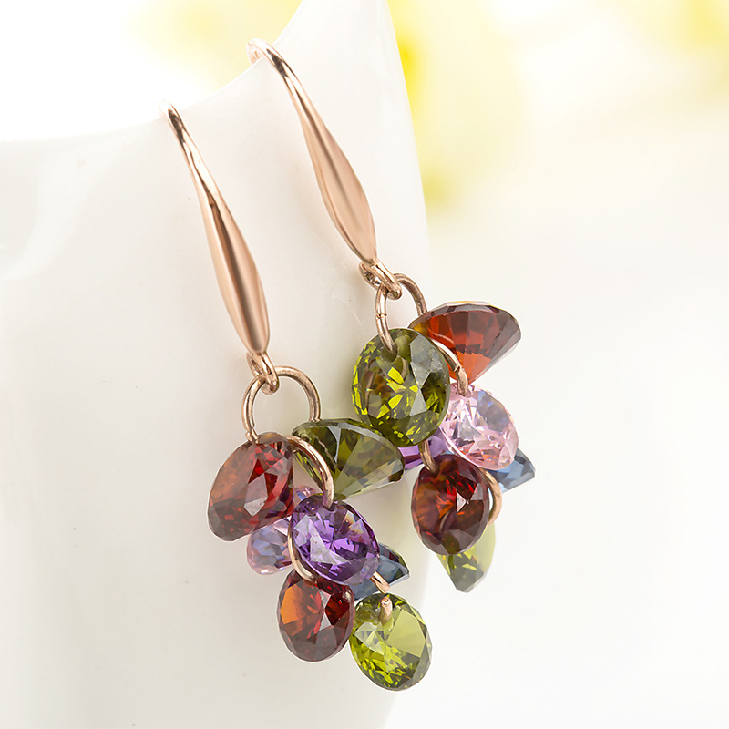 彩色耳坠时尚耳钉气质女韩国版银镶嵌施华甜美锆石防过敏耳环