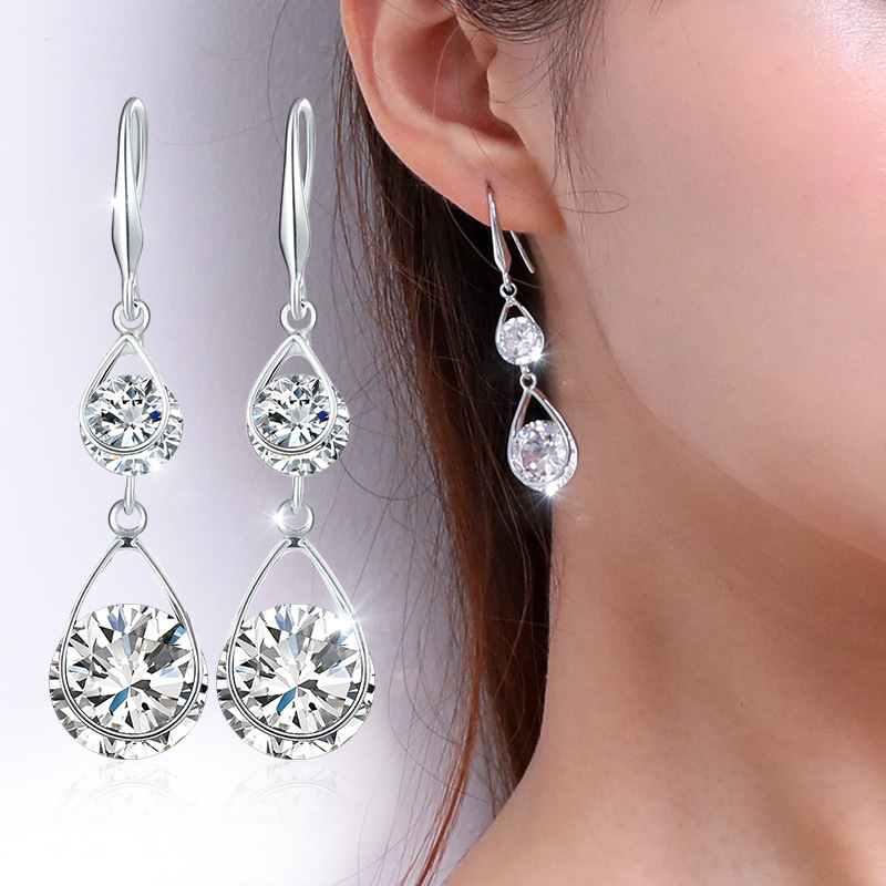 耳坠女气质韩国简约百搭耳环简约纯银长款个性防过敏水晶耳钉超闪