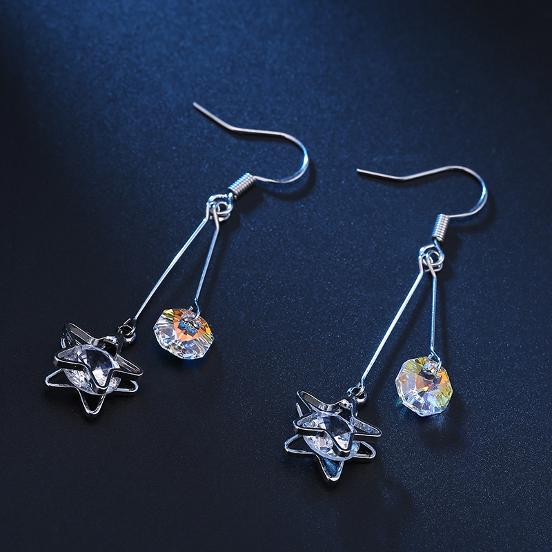 曼休妮甜美闪亮星星长款双线五星进口人造水晶气质网红冷淡风耳环
