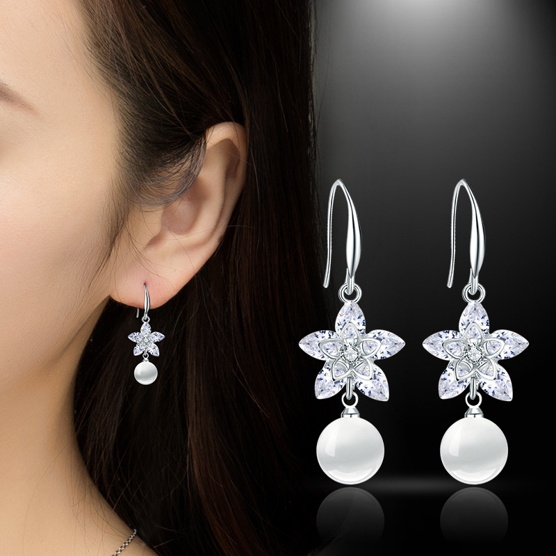 耳环女气质韩国长款925银针简约珍珠耳钉花朵猫眼石耳吊坠耳饰品