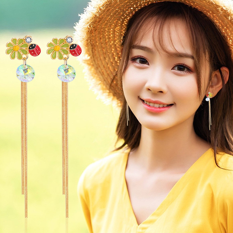 时尚双线流苏长耳线优雅小清新耳饰花瓣花朵耳坠闪亮秀气吊坠耳环