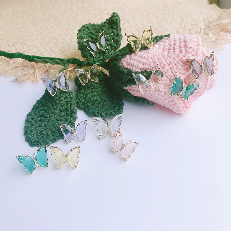 新款玻璃蝴蝶彩色耳环耳饰耳钉银针防过敏爆款时尚批发女东大门