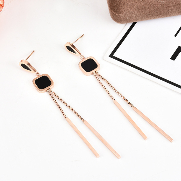 钛钢玫瑰金日韩版耳环长款流苏链条圆形正方形耳饰女夜市地摊饰品