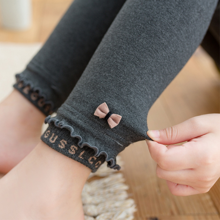 女童秋冬打底裤木耳边脚口刺绣蝴蝶结童装一体裤北极绒加厚加绒裤