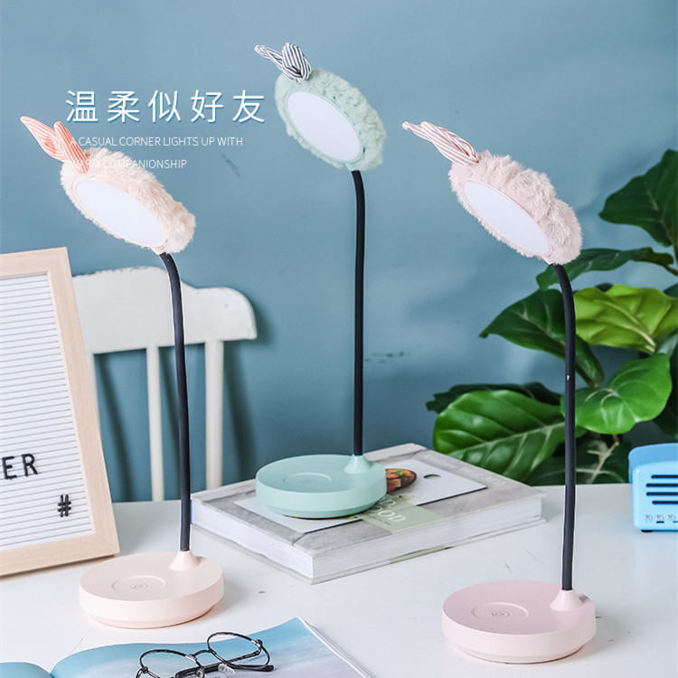 中夫新款毛绒兔发圈美妆镜触控台灯LED三档可调卧室床头灯