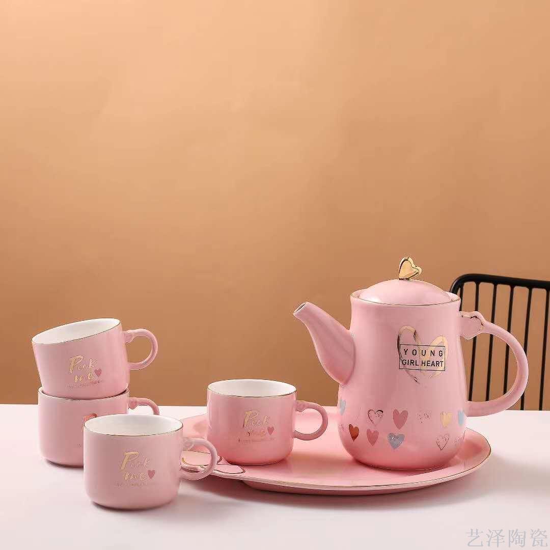 色釉陶瓷水具套装描金咖啡壶