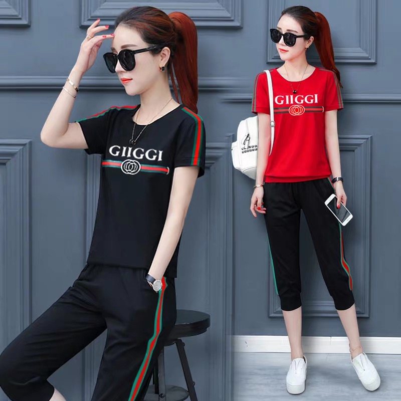现货两件套短袖七分裤套装休闲运动长裤套装女夏季2020新款宽松潮