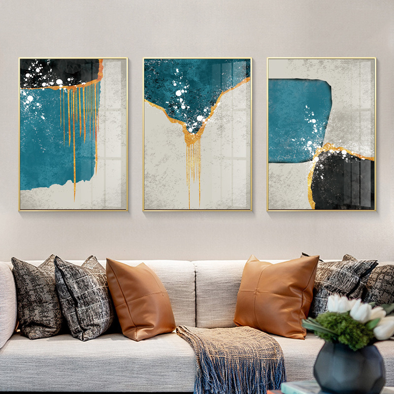 新中式现代简约几何抽象晶瓷装饰画客厅沙发背景轻奢三联装饰画