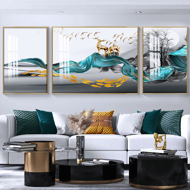 北欧客厅挂画麋鹿晶瓷画现代简约轻奢三联壁画 沙发背景墙装饰画