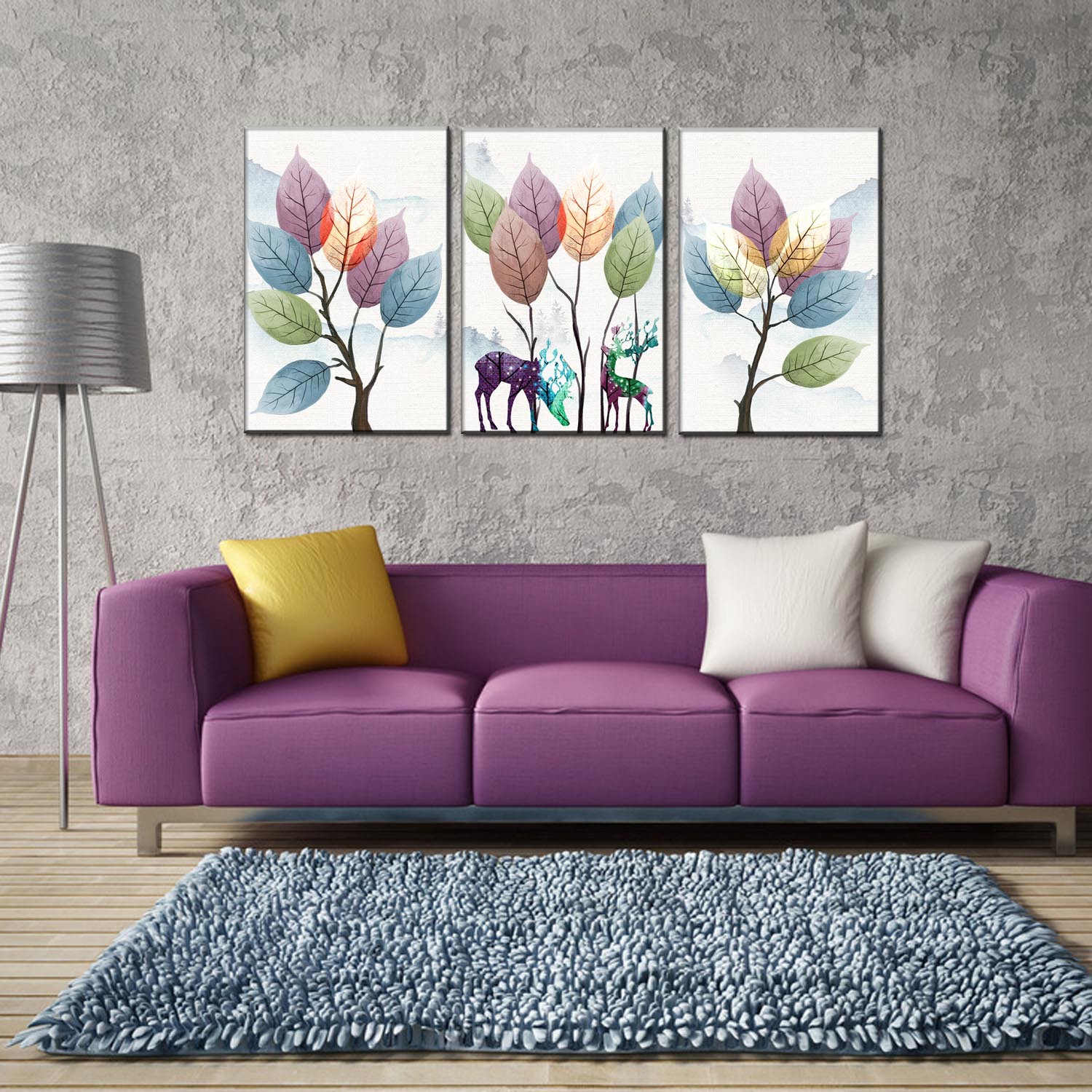 现代简约森林麋鹿画挂画装饰画客厅挂画店面酒店家装墙壁画三联