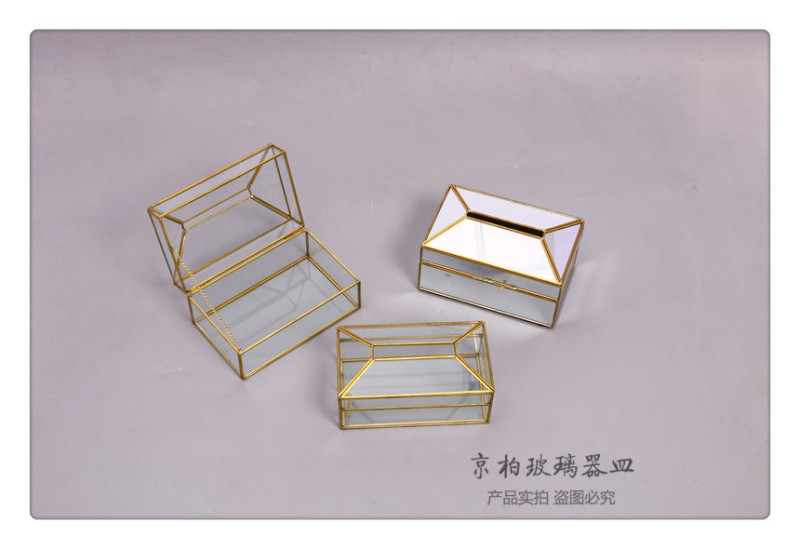北欧创意轻奢玻璃黄铜纸巾盒客厅样板间镜面抽纸盒桌面收纳盒摆件详情3