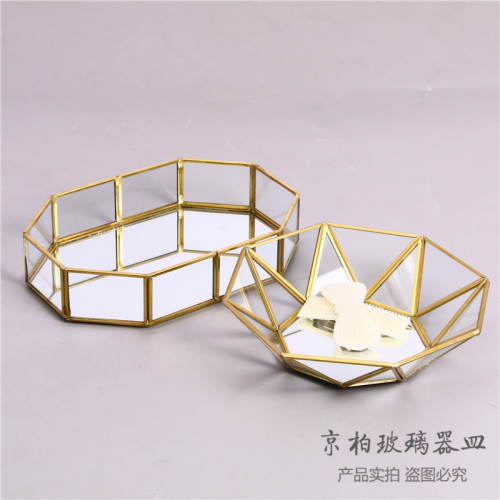 Nordic Luxury High-End Mirror Bottom Geometric Three-Dimensional Gold Jewelly Storage Glass Tray Greenhouse
