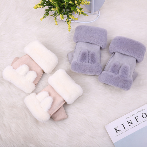 Korean Suede Half Finger Rabbit Ears Gloves Cartoon Cute Rabbit Ears Autumn and Winter Warm Anti-Freezing Writing Gloves