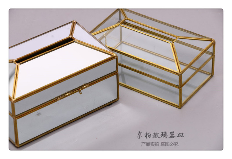 北欧创意轻奢玻璃黄铜纸巾盒客厅样板间镜面抽纸盒桌面收纳盒摆件详情9