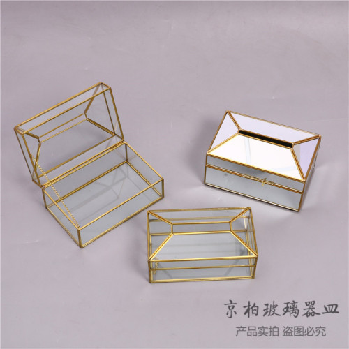 Nordic Creative and Slightly Luxury Glass Brass Tissue Box Living Room and Sample Room Mirror Paper Extraction Box Desktop Storage Box Ornaments