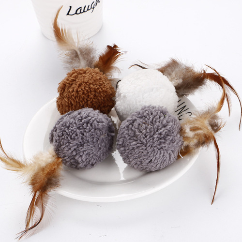 Pet Cat Toy Pompons with Feather Belt Sound Cat Scratching Ball Pet Supplies Factory Spot Wholesale Cross-Border