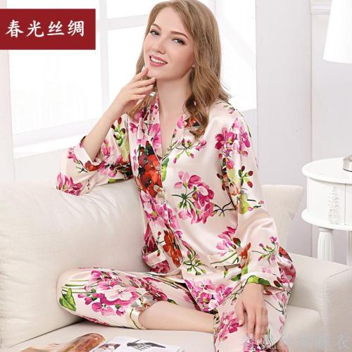 Silk Pajamas Women‘s Summer Silkworm Silk Long-Sleeved Homewear Suit Suitable for Daily Wear