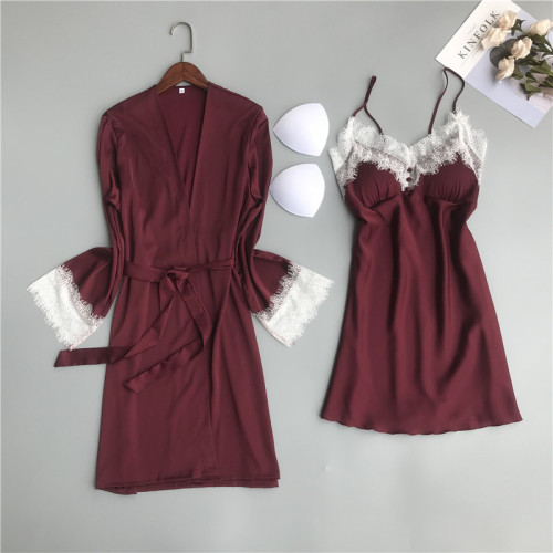 spring and autumn new pajamas sexy lace nightgown nightgown two-piece set with chest pad extreme temptation silk home wear for women