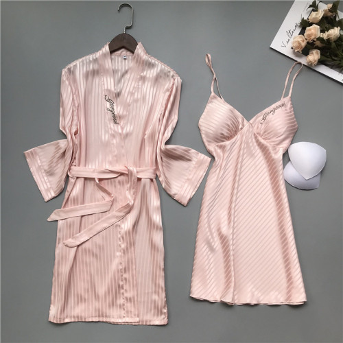 korean sexy embroidered deep v spaghetti-strap padded real silk pajamas women‘s spring and autumn new long-sleeved nightgown two-piece suit