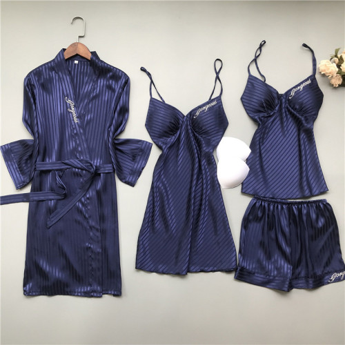 Sexy with Breast Pad Pajamas for Women Summer Silk Ice Suspender Shorts 4 PCs Set Thin Silk Home Nightgown for Women Spring and Autumn