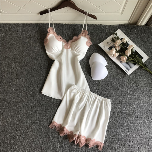 Ice Silk Sling Pajamas Women‘s Summer Sexy Suit Korean Style with Chest Pad Vest Shorts Home Two-Piece Set Can Be Worn outside 
