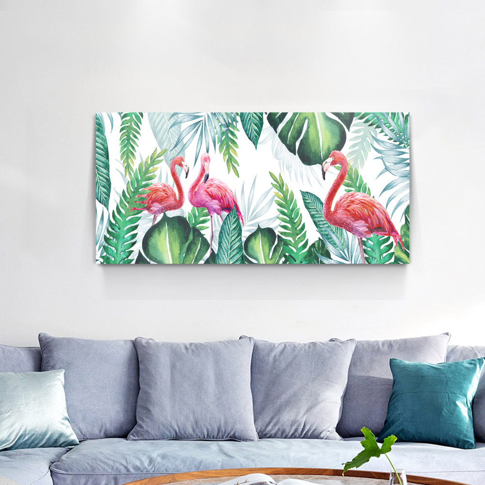 无框画床头挂画木板挂画火烈鸟绿叶北欧风格