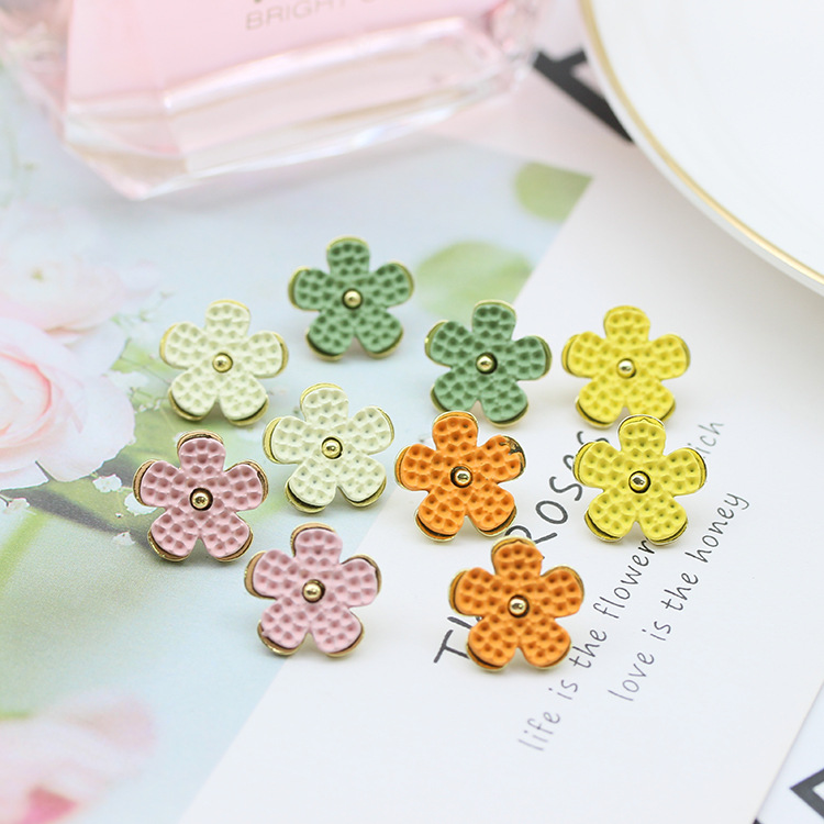 S925银针韩版耳饰彩色皮革花朵简约合金耳坠义乌饰品一件代发首饰