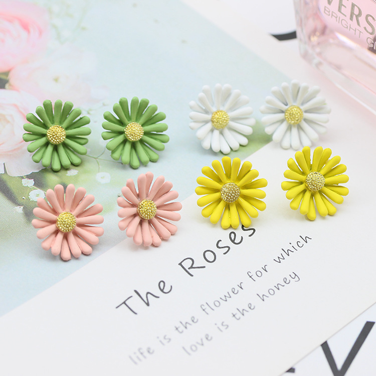 新款S925纯银针耳饰气质耳钉女彩色喷漆花朵耳环韩版饰品一件代发