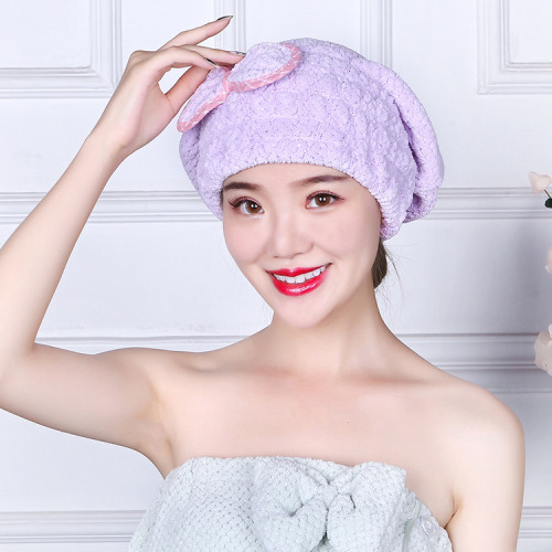 Warp Knitted Coral Fleece Hair-Drying Cap Adult Cute Bow Thickened Absorbent Soft Non-Fading Hair-Drying Cap