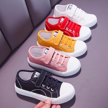 Factory Direct Sales Korean Style Big Middle Children Canvas Shoes Rubber Sole Velcro Solid Color Children‘s Shoes