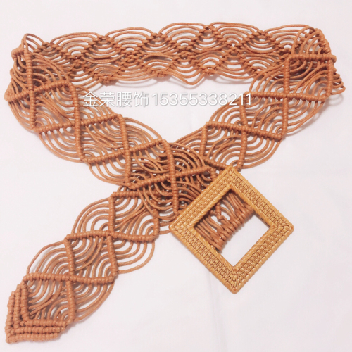20 bohemian style literary style square imitation rattan hollow crocheted woven belt wide waist seal fashion simple